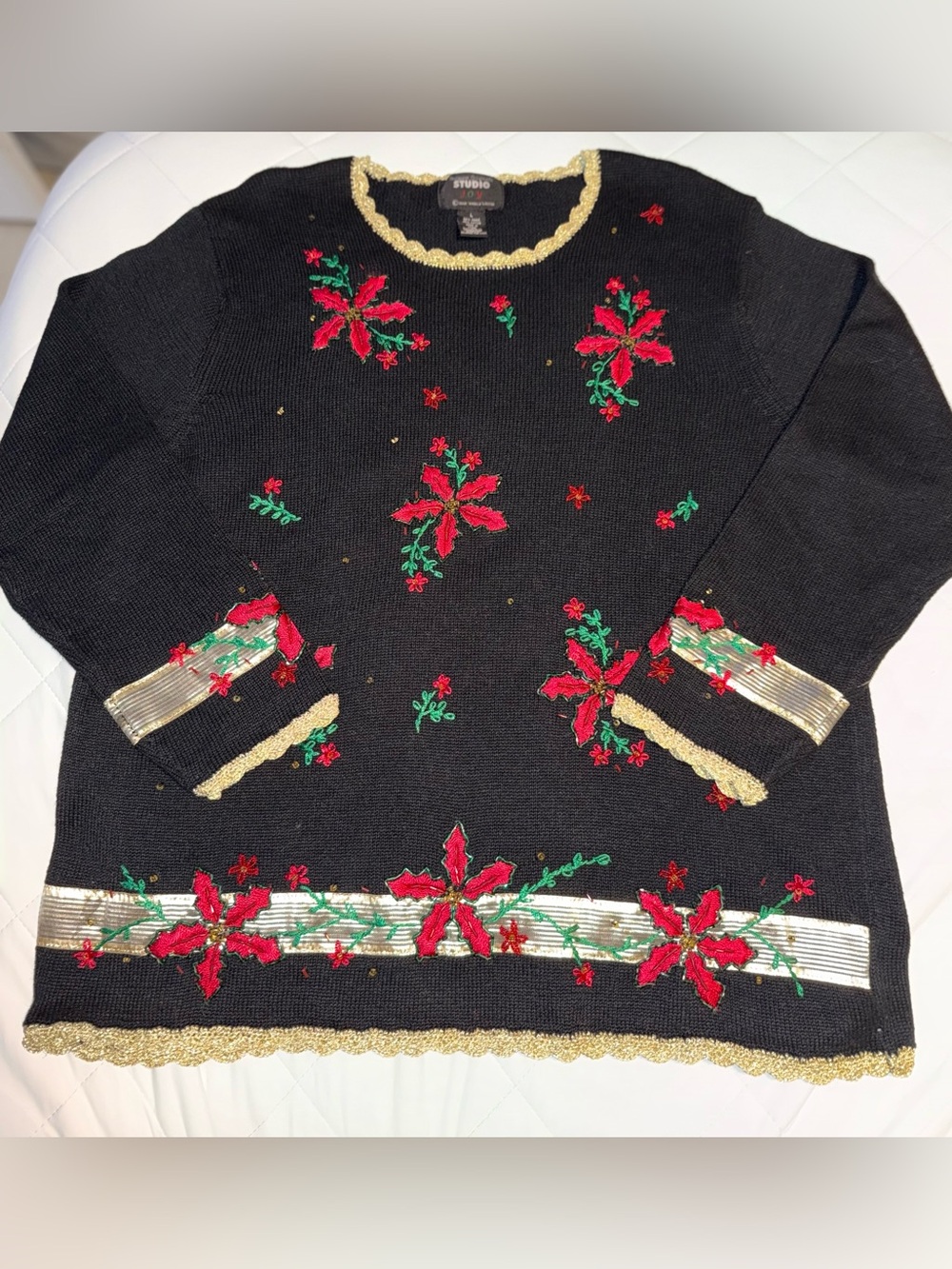 Not So Ugly Christmas Holiday Sweater Black Red Poinsettia Embroidery Gold Trim